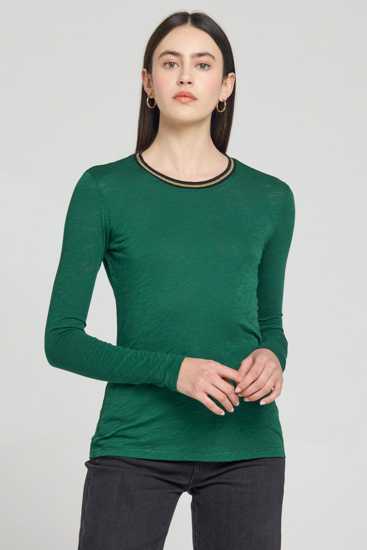 Long Sleeve Metallic Tipped Ringer Tee