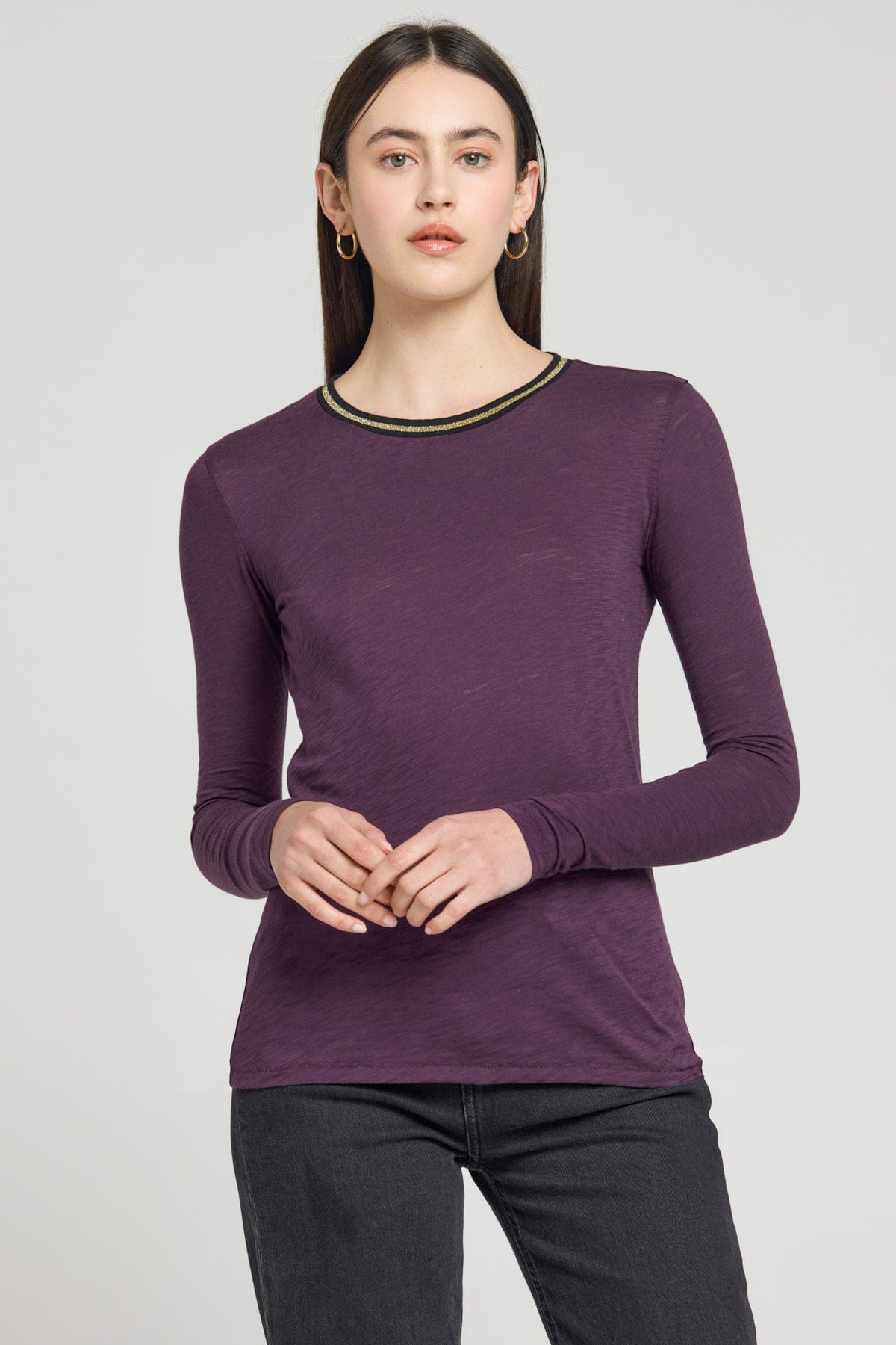 Long Sleeve Metallic Tipped Ringer Tee