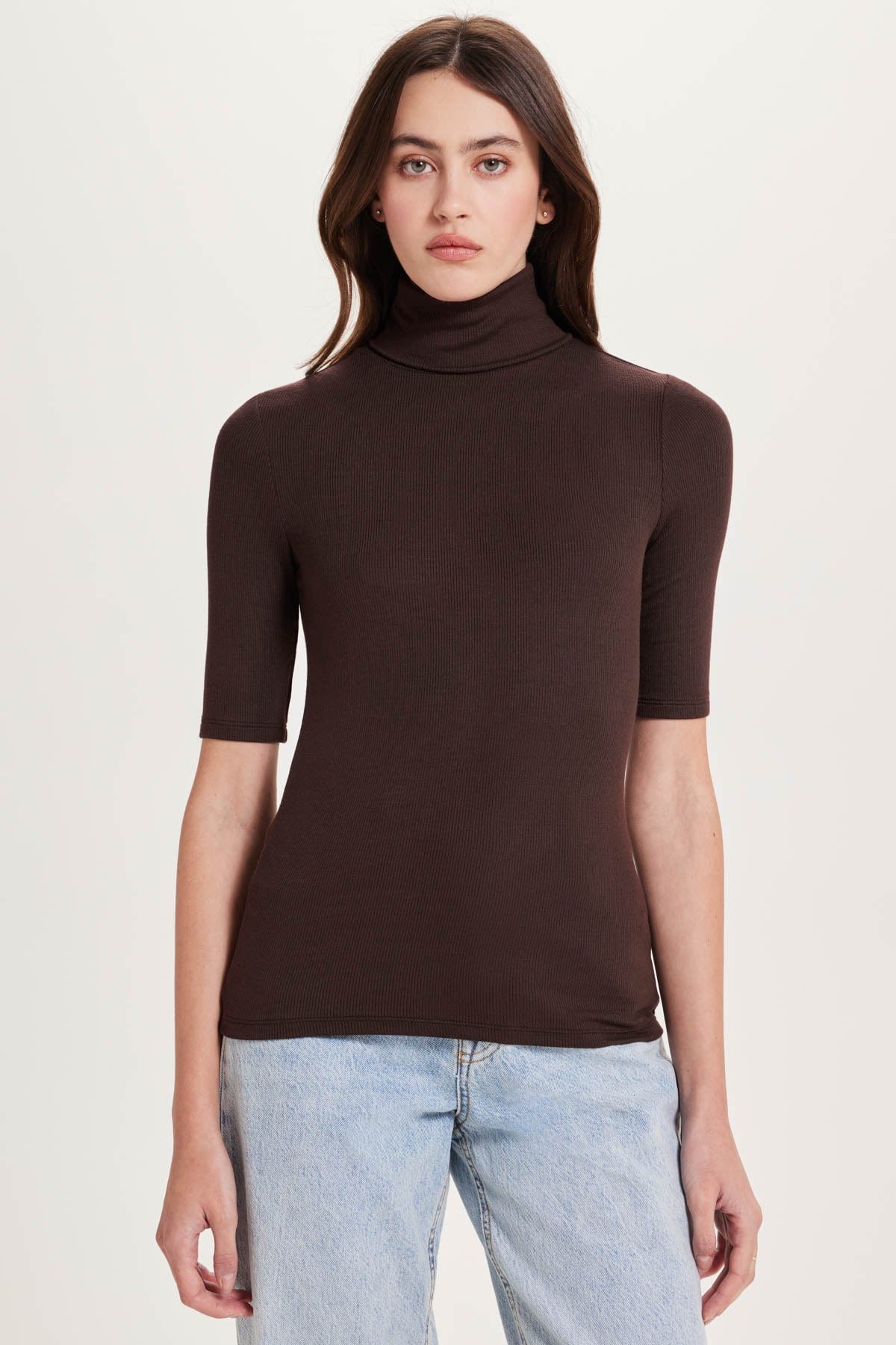 Goldie LeWinter XS / Coffee Ribbed Half Sleeve Turtleneck